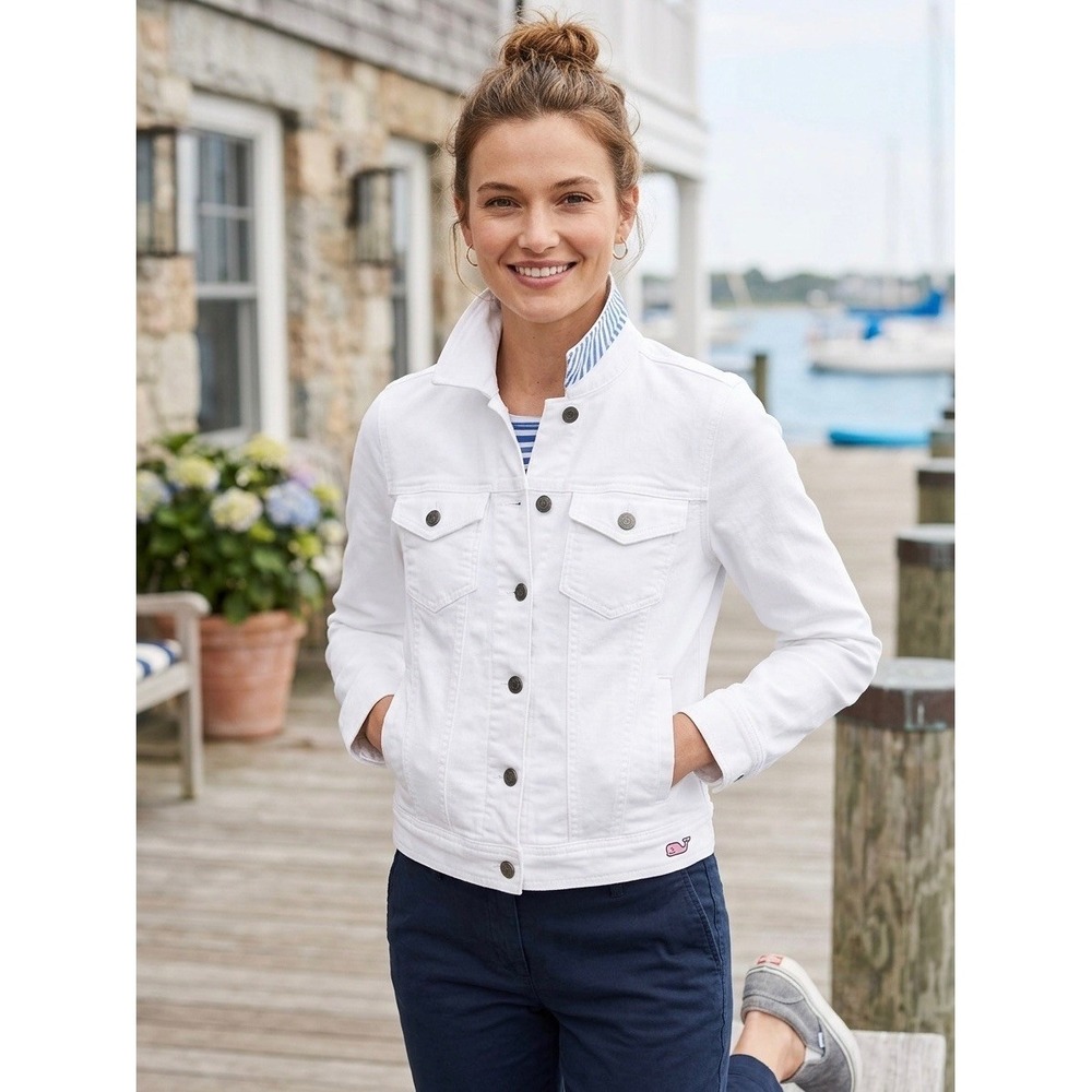 Vineyard Vines Womens White Denim Trucker Jacket Stretch Seersucker 2J0150 XXS